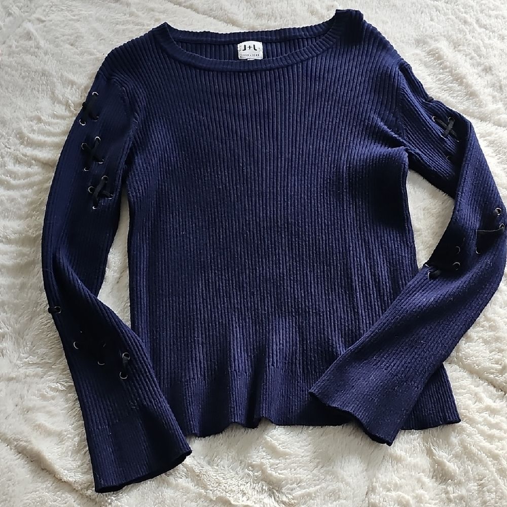 John + Jenn Navy Sweater with Lace-Up Sleeves